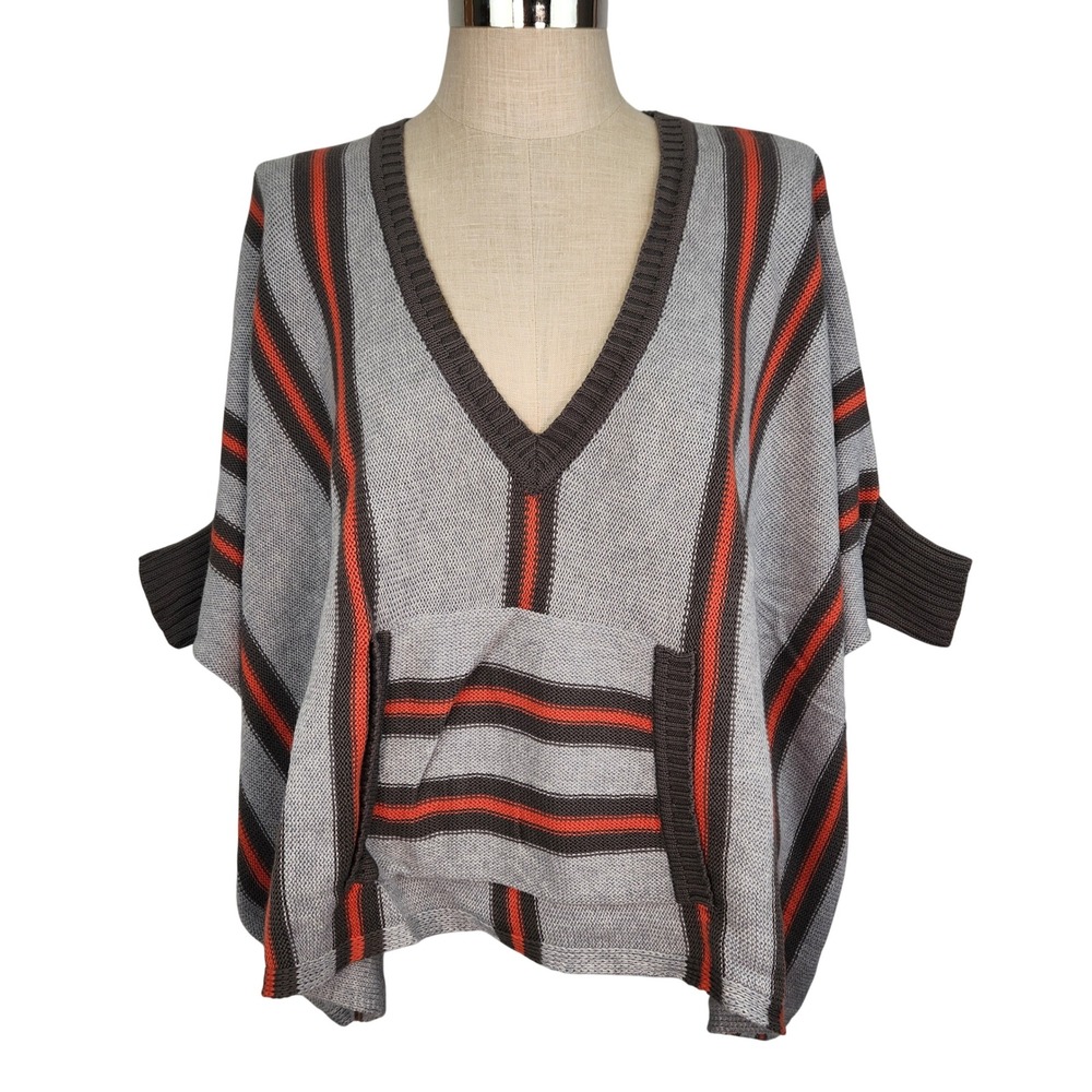 Indigenous Organic Cotton V Neck Poncho‎ Sweater Size 1/Small Gray Orange Stripe